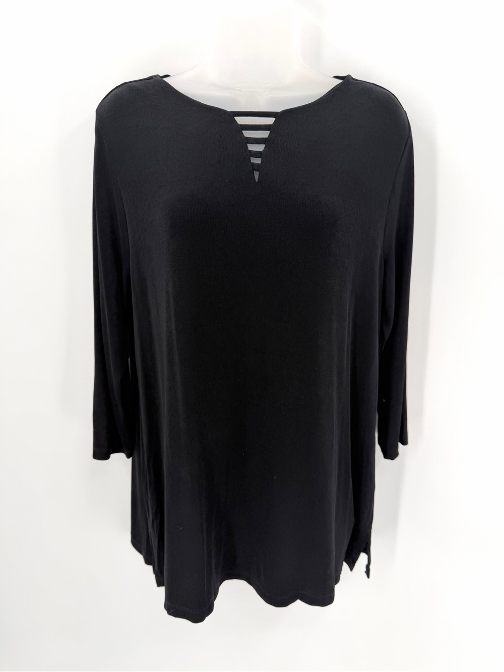 Chico's Travelers Top Women’s L 12 2 Black 3/4 Slv Strappy V-Neck Tunic Slinky